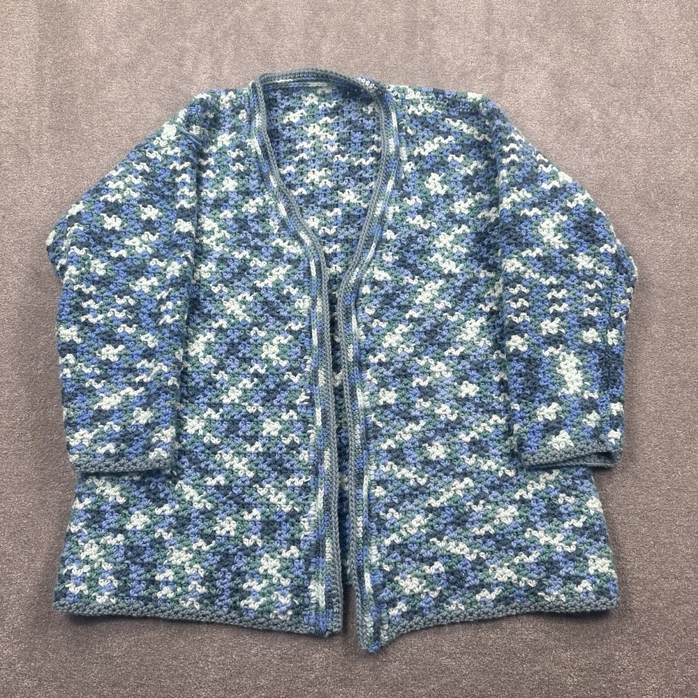 Women's Crocheted Cardigan Sweater Size XL Blue White Green Patterned Granny